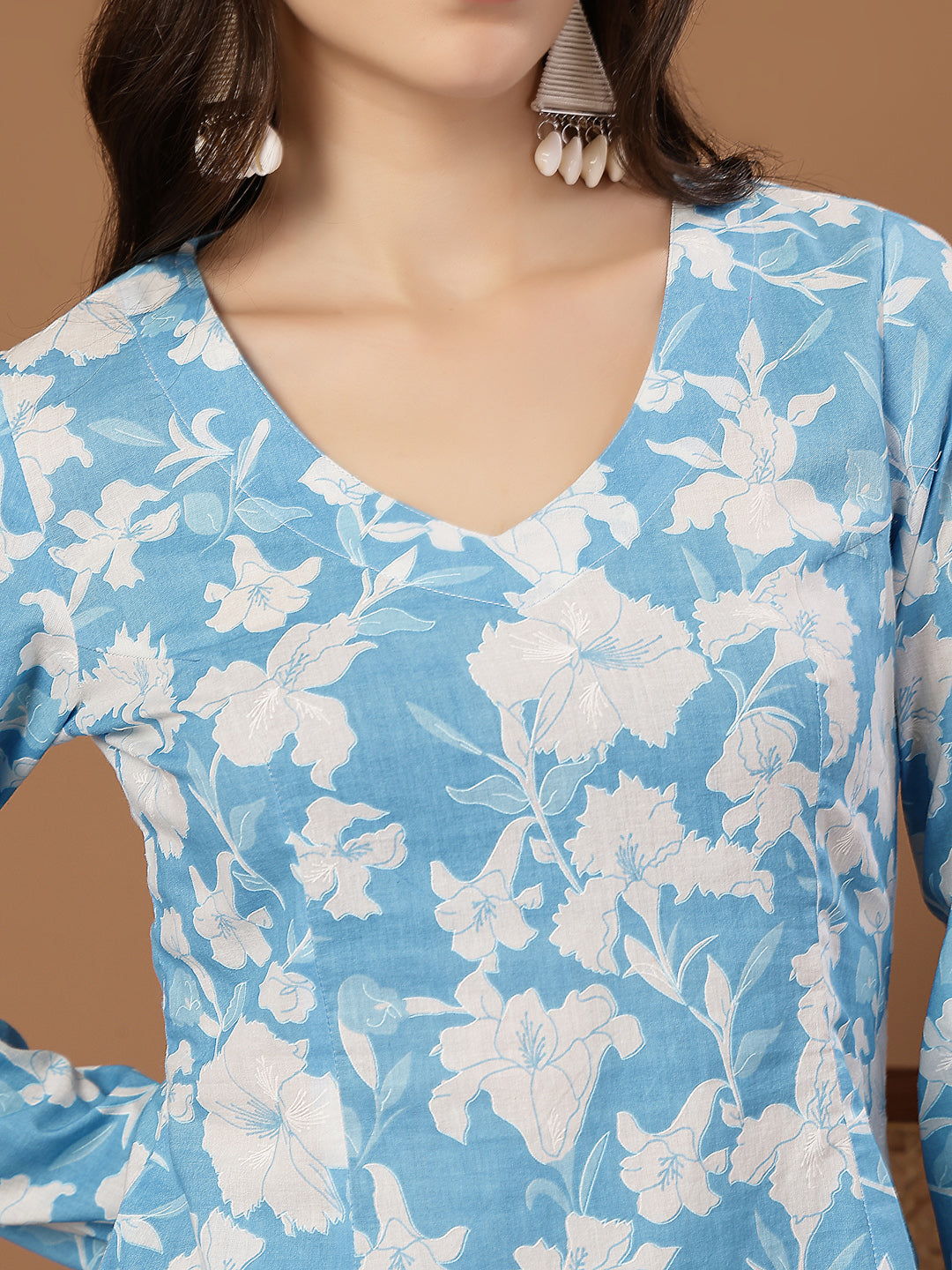 Women's Sky Blue Floral Printed Cotton Straight Top (TOPSKYSANTOOR) | 