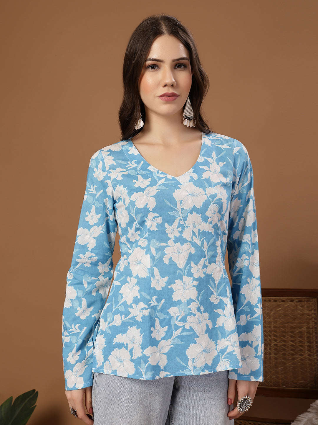 Women's Sky Blue Floral Printed Cotton Straight Top (TOPSKYSANTOOR) | 