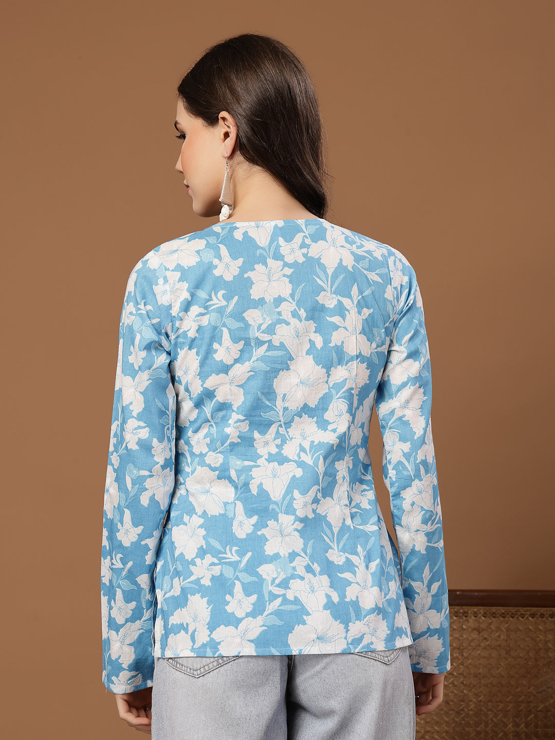 Women's Sky Blue Floral Printed Cotton Straight Top (TOPSKYSANTOOR) | 