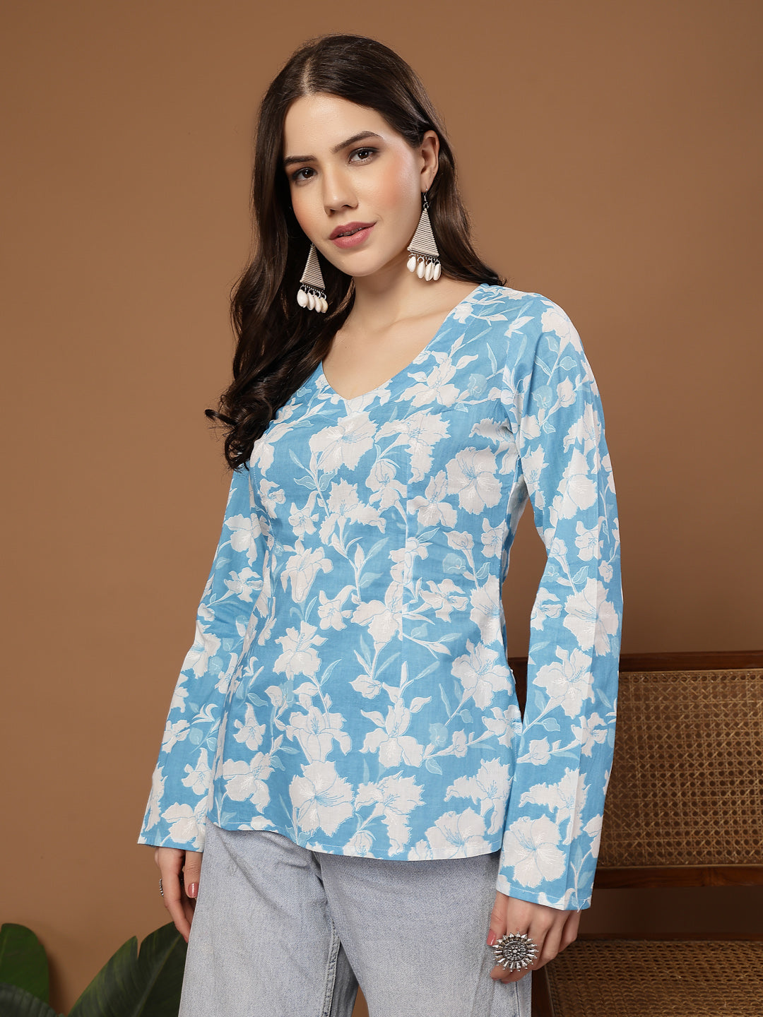 Women's Sky Blue Floral Printed Cotton Straight Top (TOPSKYSANTOOR) | 