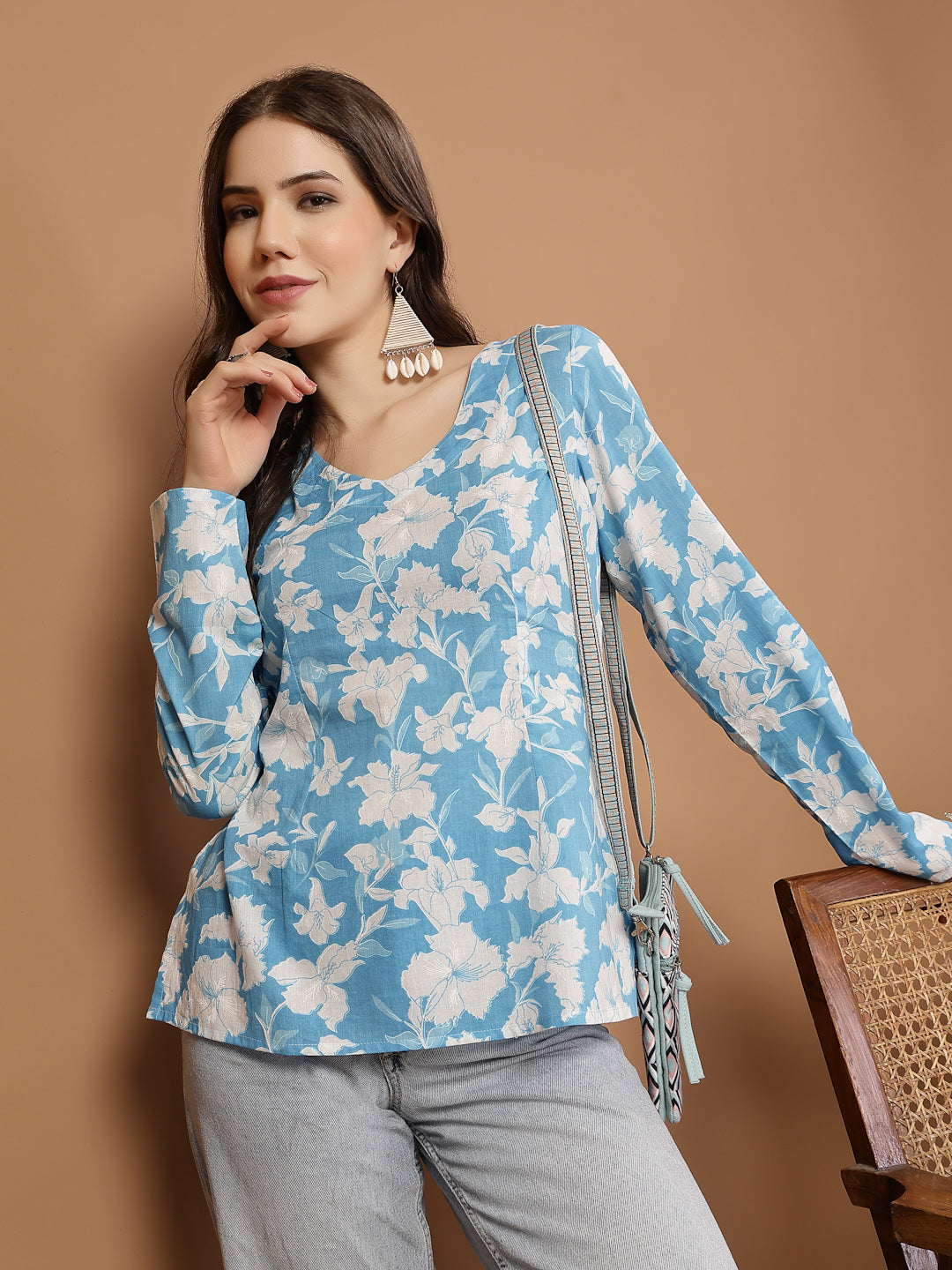Women's Sky Blue Floral Printed Cotton Straight Top (TOPSKYSANTOOR) | 