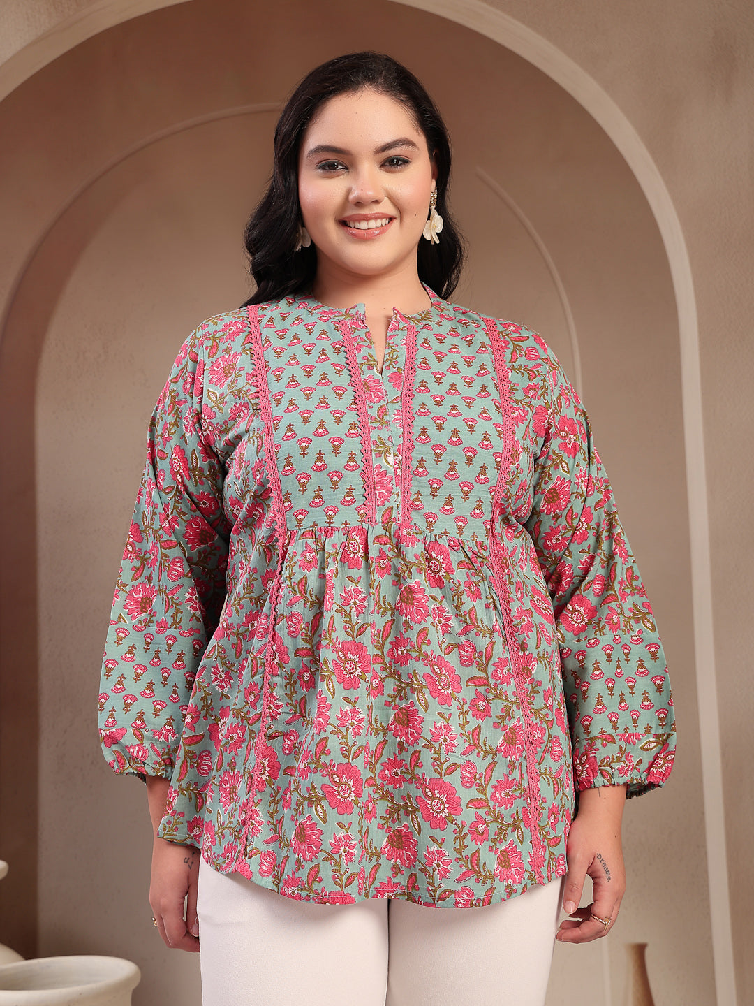 Plus Size Women's Sky Blue Printed Cotton Top (TOPSKYSIJUPLUS) | DesiQ