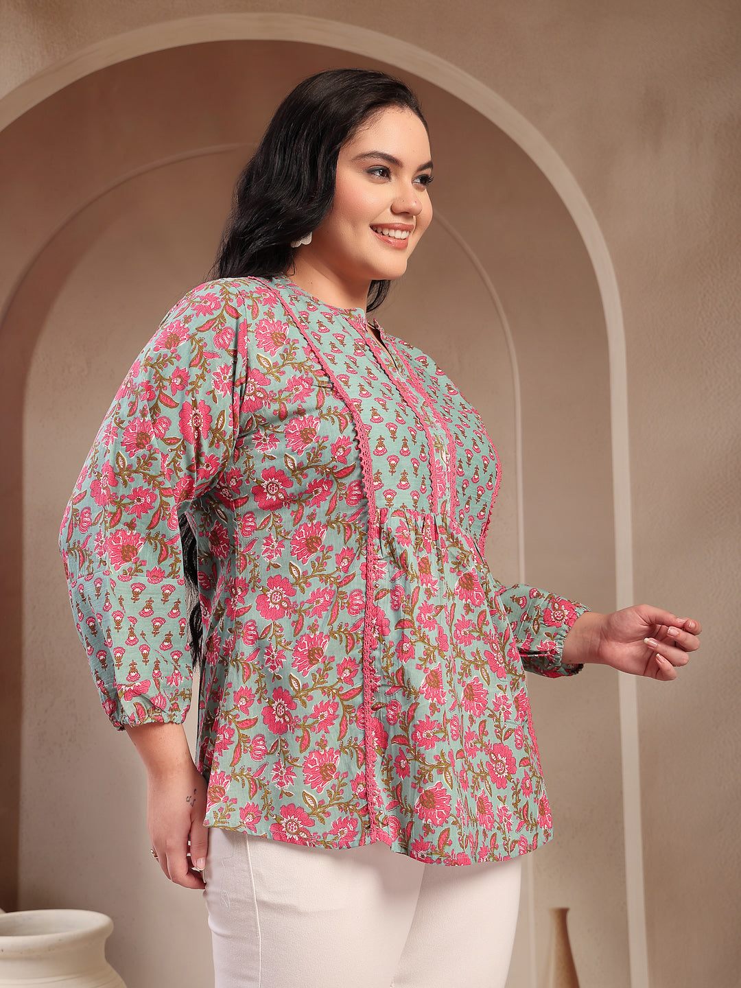 Plus Size Women's Sky Blue Printed Cotton Top (TOPSKYSIJUPLUS) | DesiQ