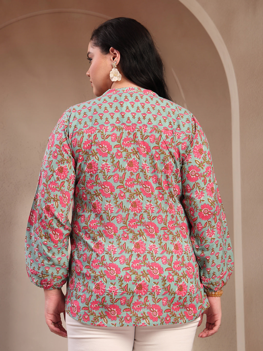 Plus Size Women's Sky Blue Printed Cotton Top (TOPSKYSIJUPLUS) | DesiQ