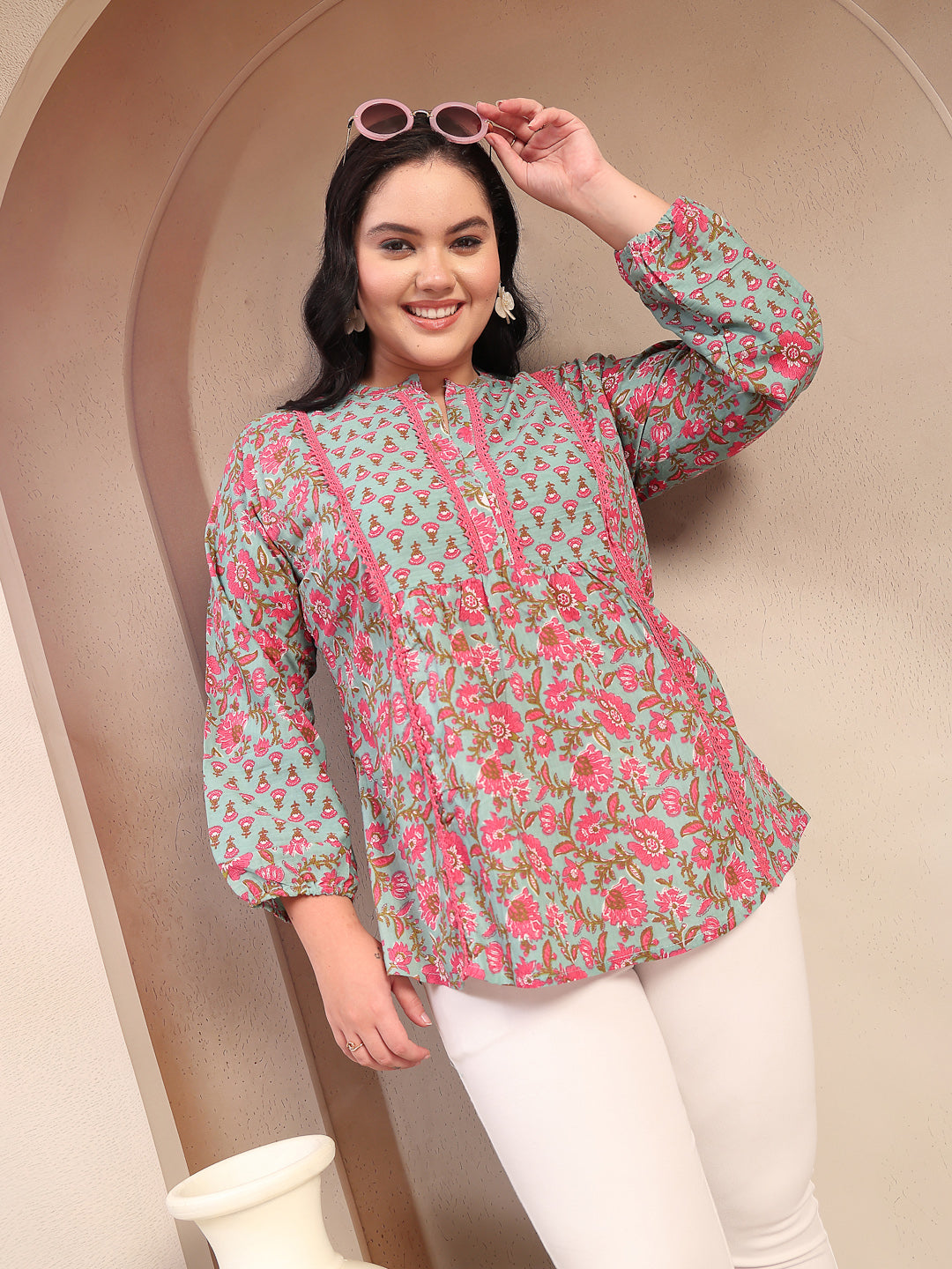 Plus Size Women's Sky Blue Printed Cotton Top (TOPSKYSIJUPLUS) | DesiQ