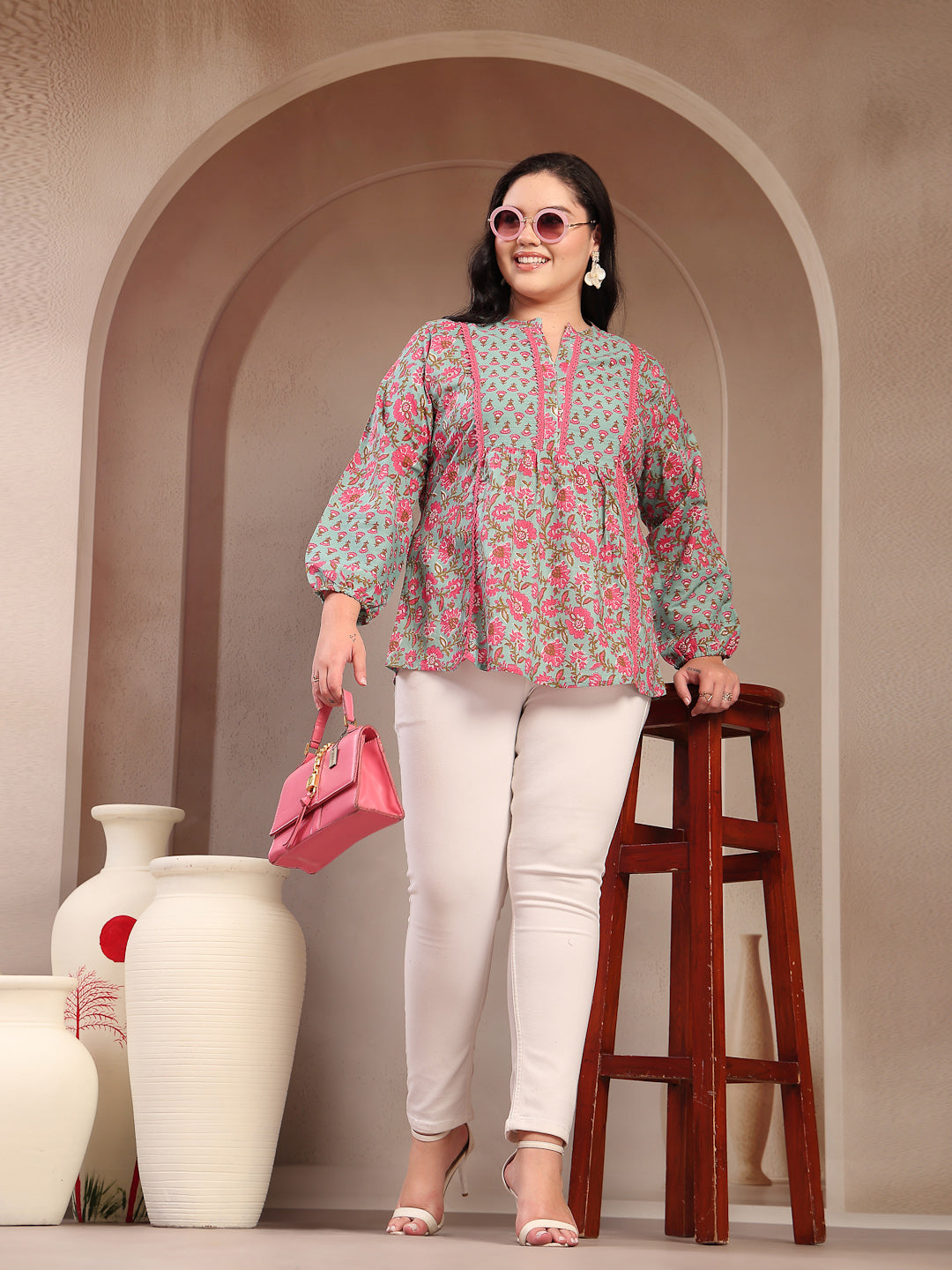 Plus Size Women's Sky Blue Printed Cotton Top (TOPSKYSIJUPLUS) | DesiQ