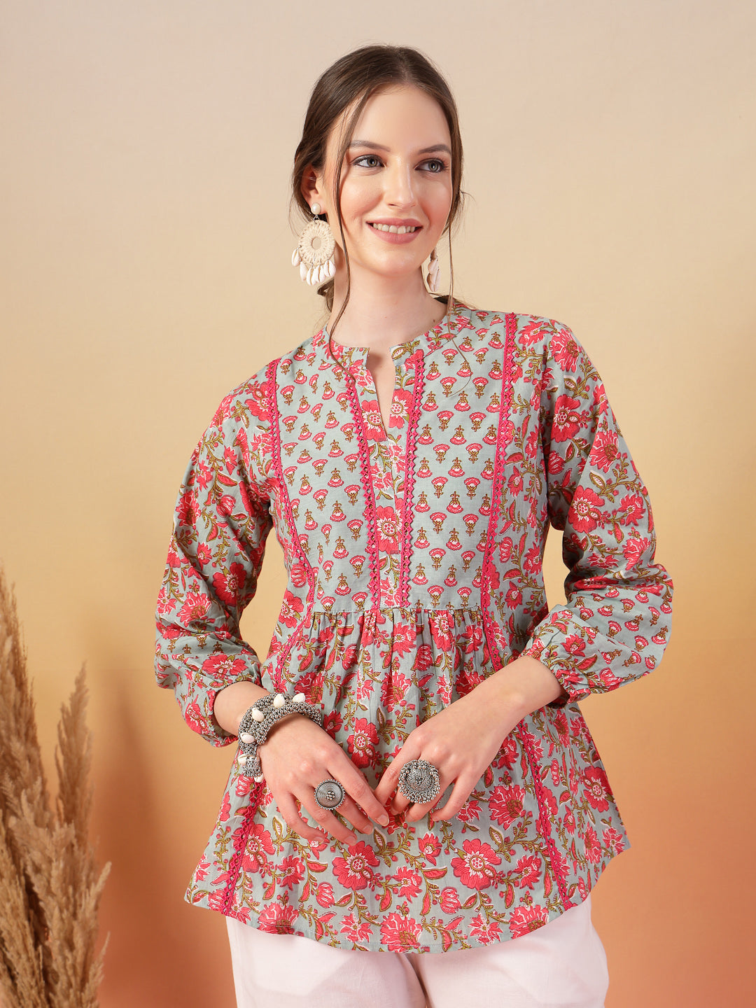 Women's Sky Blue Printed Cotton Top (TOPSKYSIJU) | DesiQlo