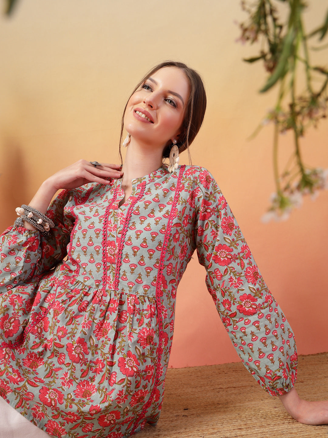 Women's Sky Blue Printed Cotton Top (TOPSKYSIJU) | DesiQlo