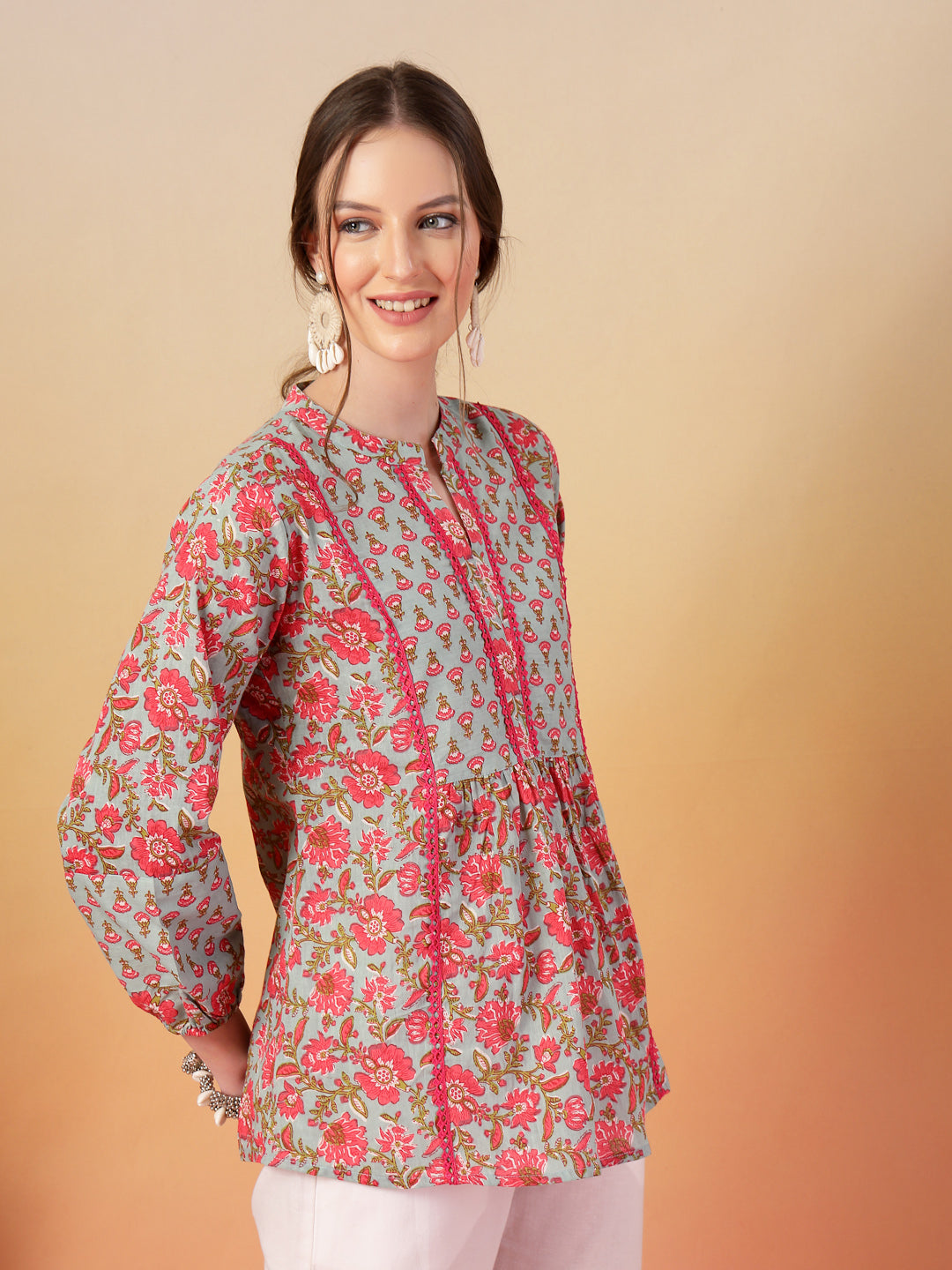 Women's Sky Blue Printed Cotton Top (TOPSKYSIJU) | DesiQlo