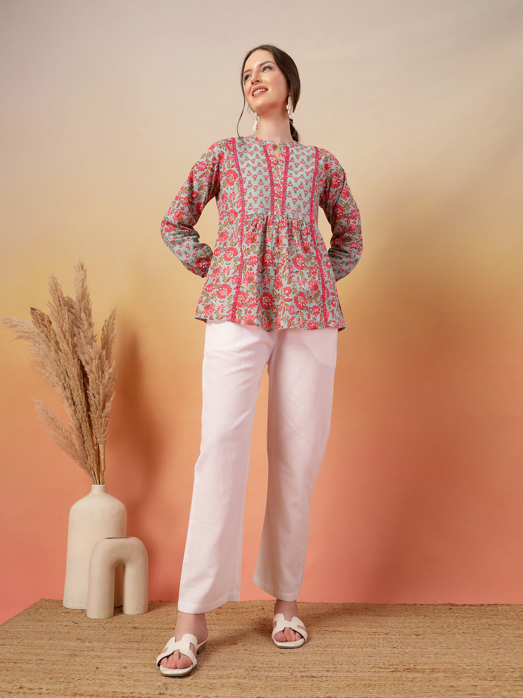 Women's Sky Blue Printed Cotton Top (TOPSKYSIJU) | DesiQlo