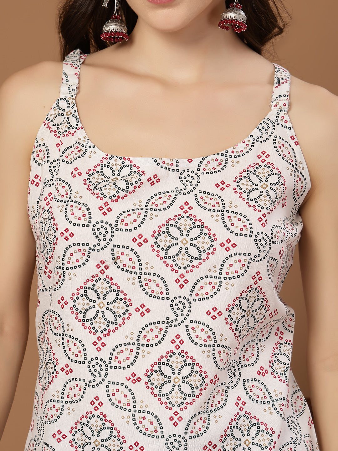 Women's White Bandhani Printed Rayon Straight Top (TOPWHITEPINATA) | D