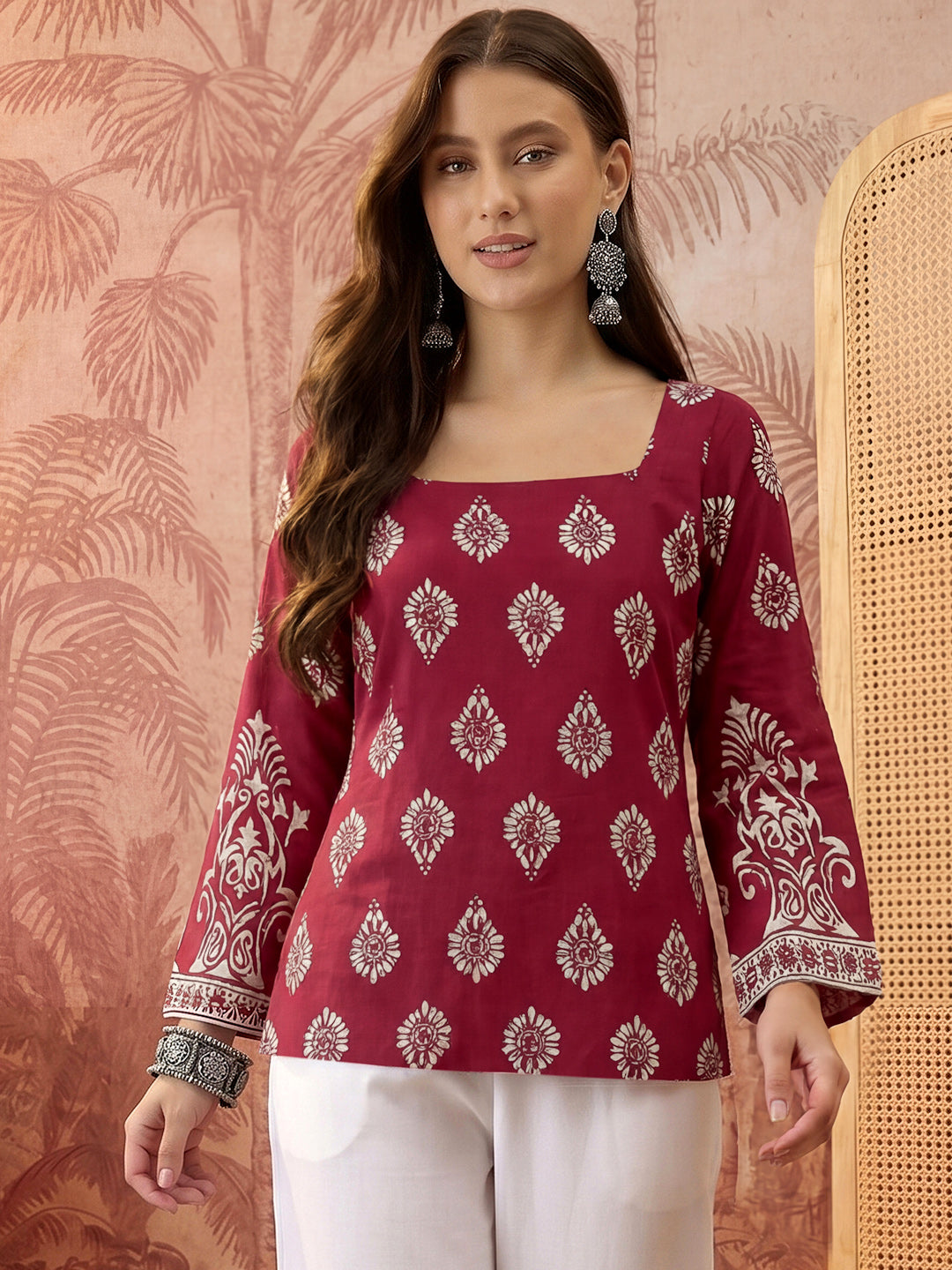 Women's Wine Block Printed Rayon Straight Top (TOPWINEMASKA) | DesiQlo