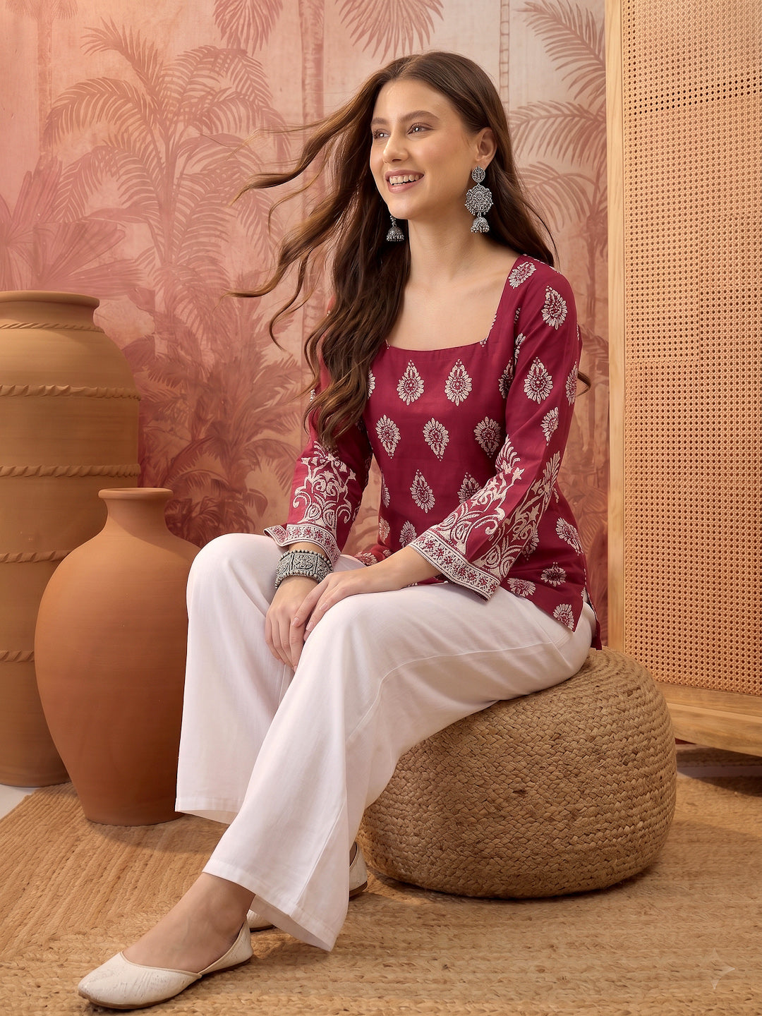 Women's Wine Block Printed Rayon Straight Top (TOPWINEMASKA) | DesiQlo