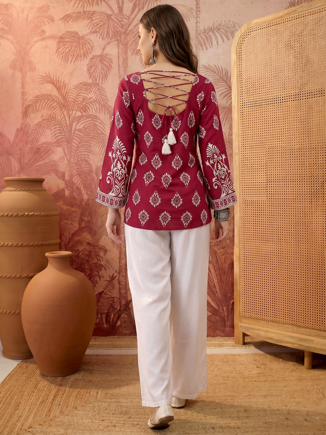 Women's Wine Block Printed Rayon Straight Top (TOPWINEMASKA) | DesiQlo