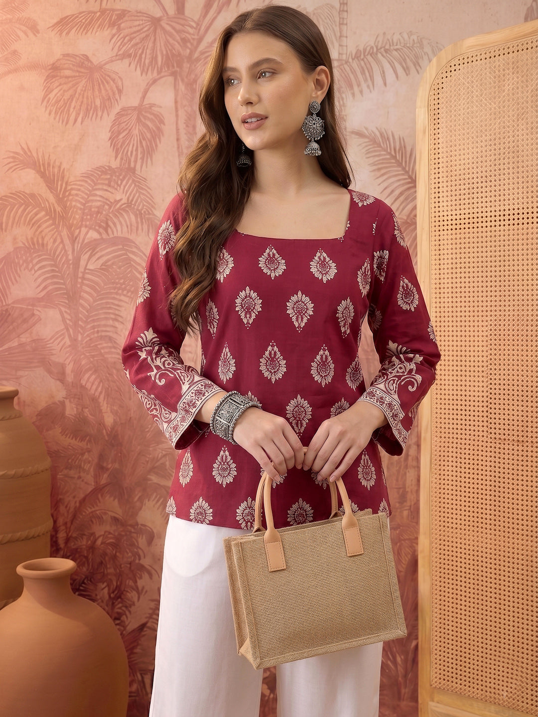 Women's Wine Block Printed Rayon Straight Top (TOPWINEMASKA) | DesiQlo