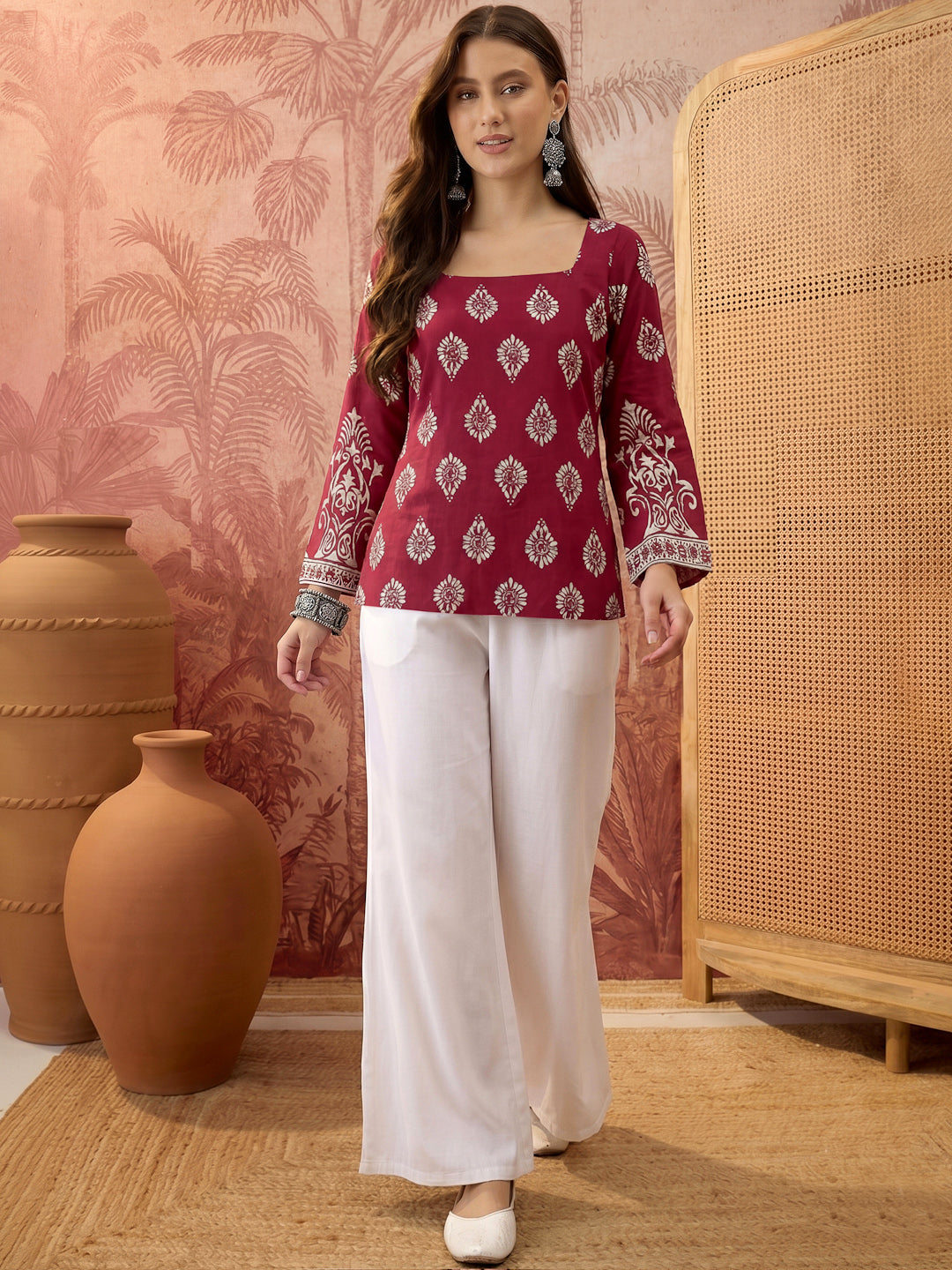 Women's Wine Block Printed Rayon Straight Top (TOPWINEMASKA) | DesiQlo