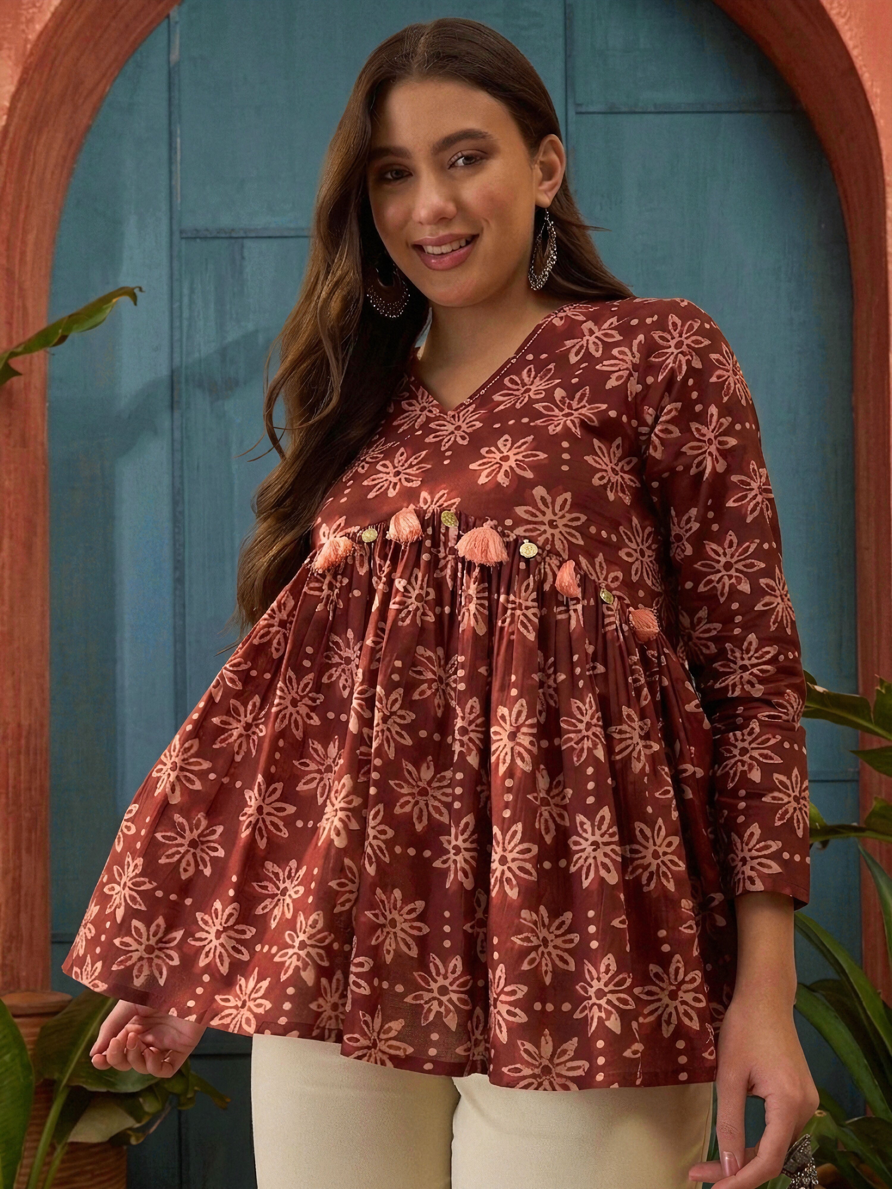 Women's Wine Ikkat Printed Cotton Empire Top (TOPWINETARUN) | DesiQlo