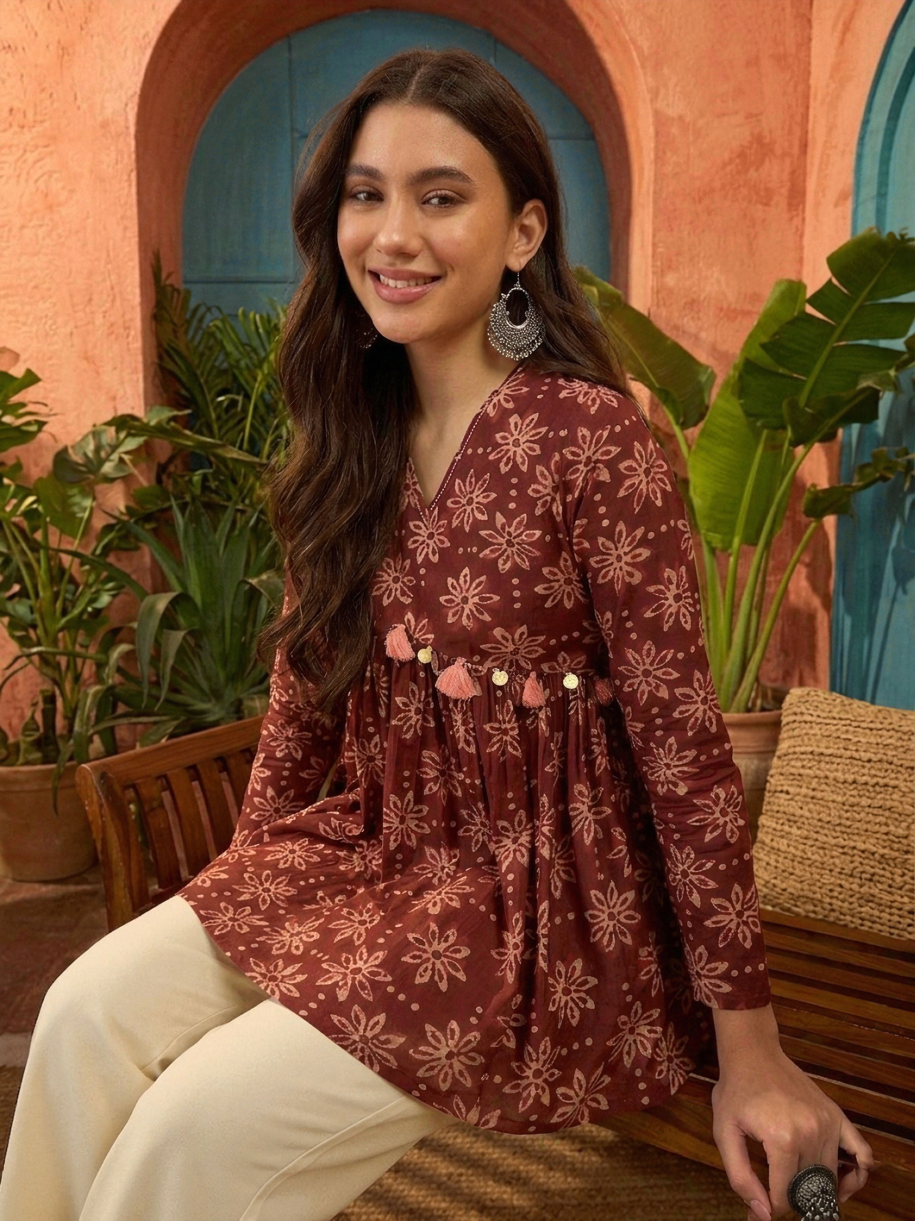 Women's Wine Ikkat Printed Cotton Empire Top (TOPWINETARUN) | DesiQlo