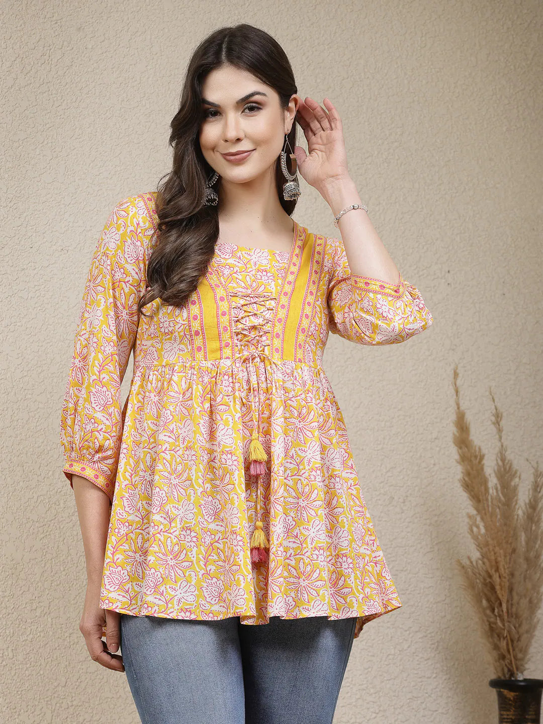 Yellow Floral Indian Top: Women's Cotton Peplum Short Kurtis