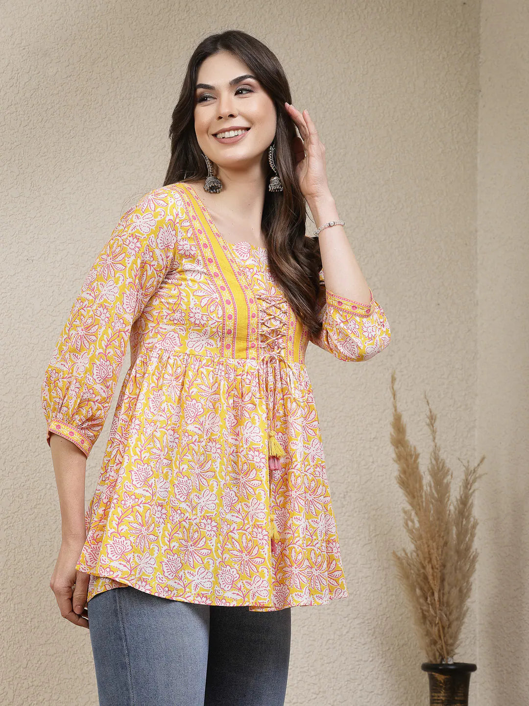 Yellow Floral Indian Top: Women's Cotton Peplum Short Kurtis