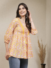 Women's Floral Printed Cotton Peplum Top-TOPYELLOWADITI