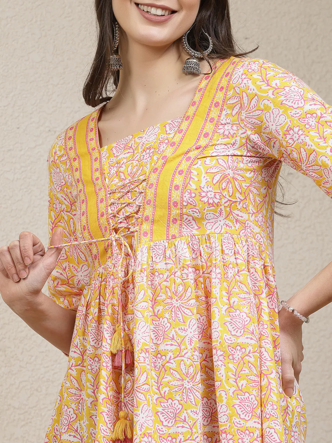 Yellow Floral Indian Top: Women's Cotton Peplum Short Kurtis