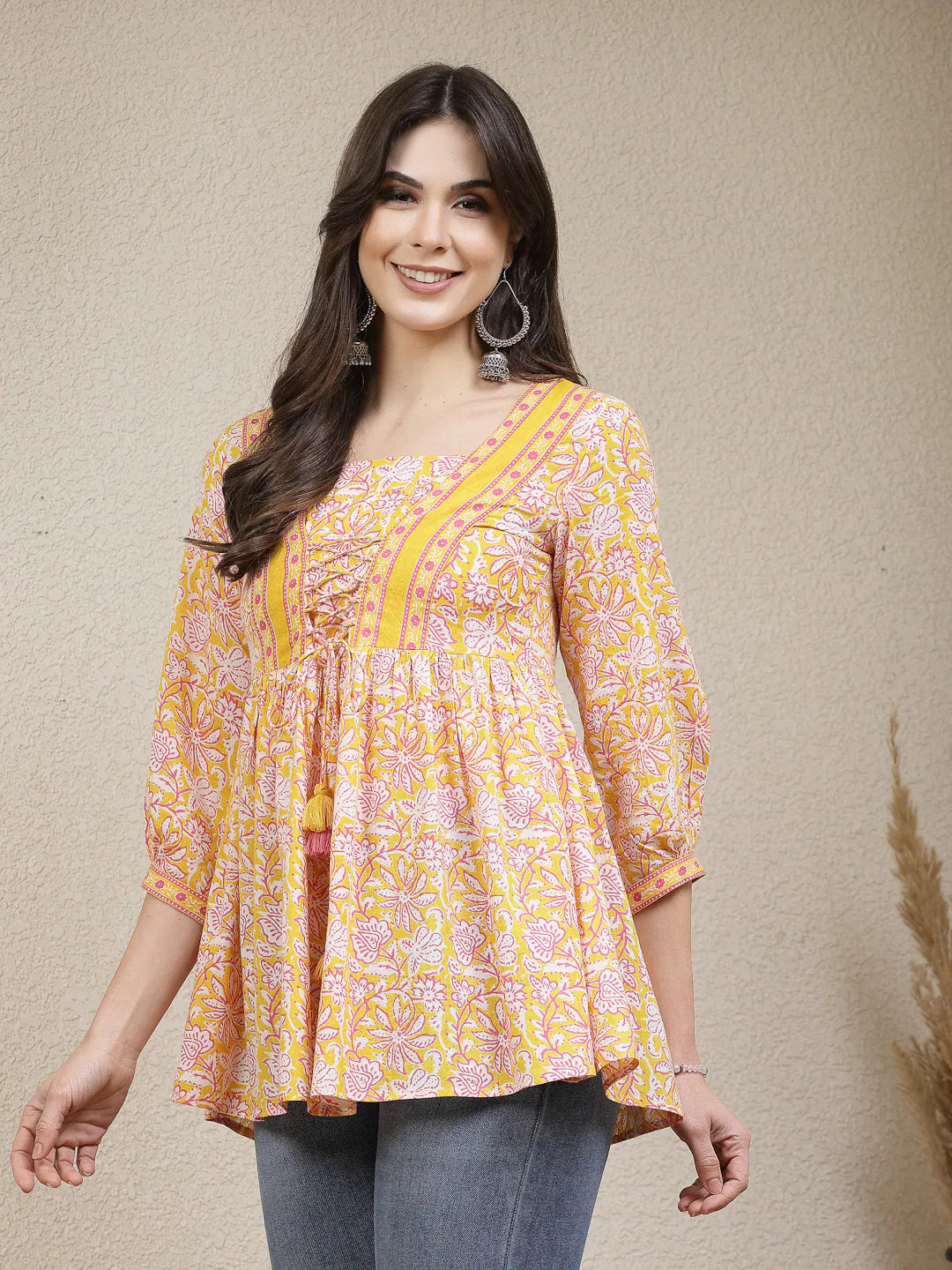 Yellow Floral Indian Top: Women's Cotton Peplum Short Kurtis