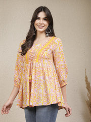 Women's Floral Printed Cotton Peplum Top-TOPYELLOWADITI