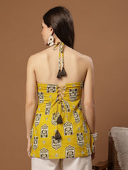 Stylum Women's Yellow Ethnic Printed Cotton Straight Top (TOPYELLOWBUZZ)