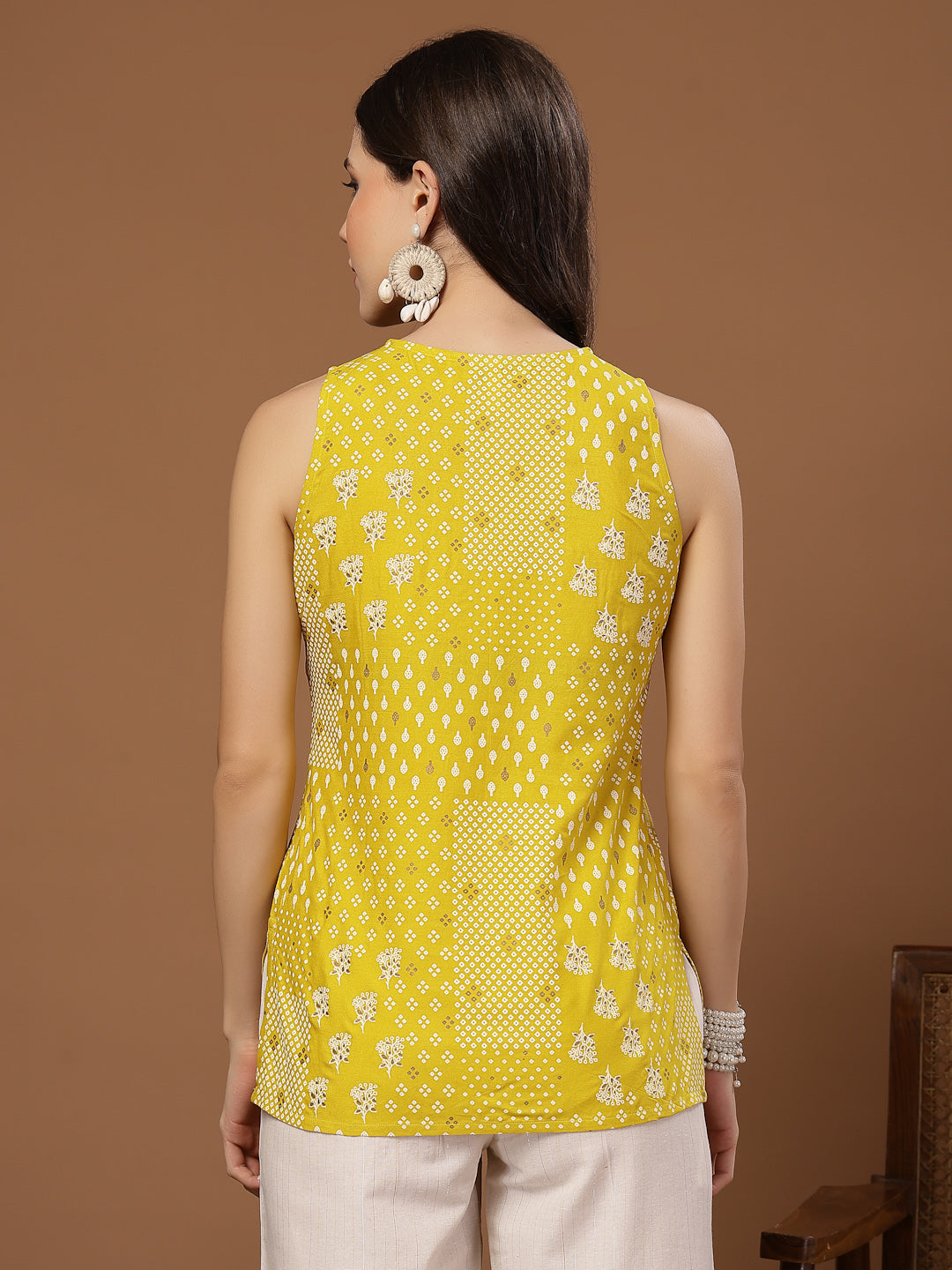 Women's Yellow Geometric Printed Rayon Straight Top (TOPYELLOWMOMO) | 