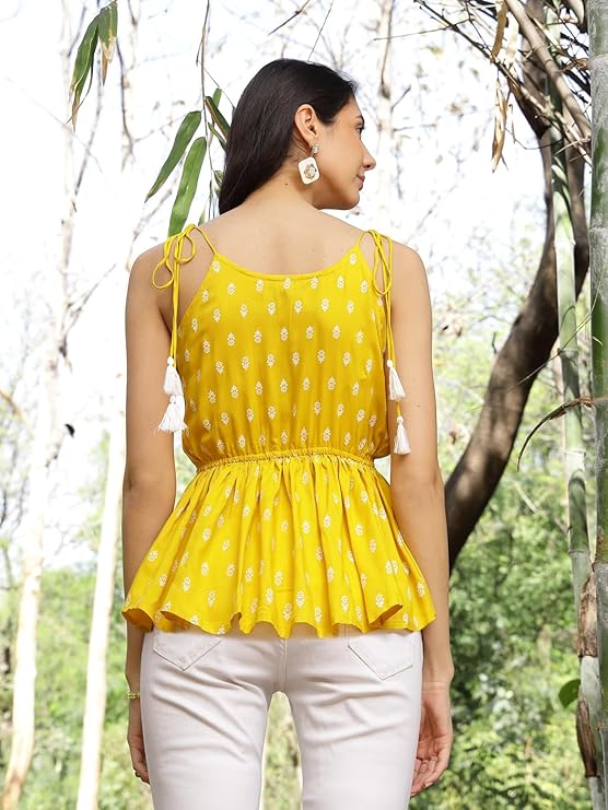 Women's Mustard Printed Rayon Short Peplum Top (TOPYELLOWPIGLET) | Des