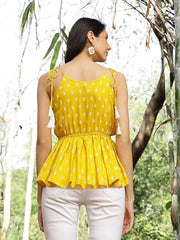 Stylum Women's Mustard Printed Rayon Short Peplum Top (TOPYELLOWPIGLET)