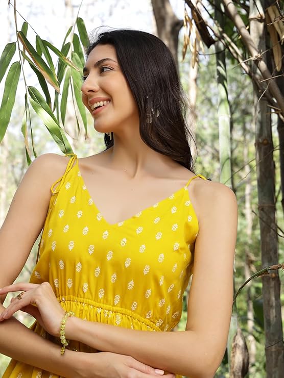 Women's Mustard Printed Rayon Short Peplum Top (TOPYELLOWPIGLET) | Des