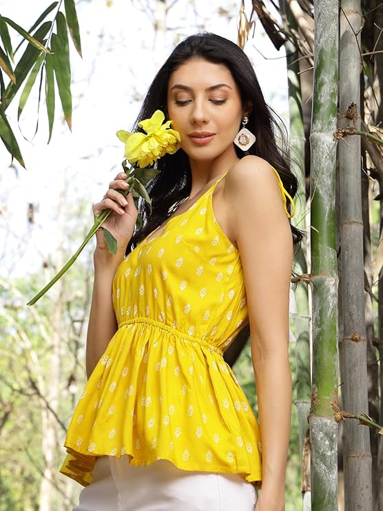 Women's Mustard Printed Rayon Short Peplum Top (TOPYELLOWPIGLET) | Des