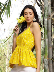 Stylum Women's Mustard Printed Rayon Short Peplum Top (TOPYELLOWPIGLET)