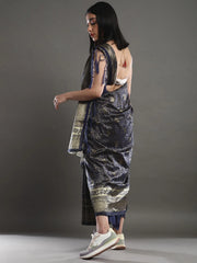 Women's  Blend Navy Blue Woven Design Celebrity Saree With Blouse Piece-TOSH9103