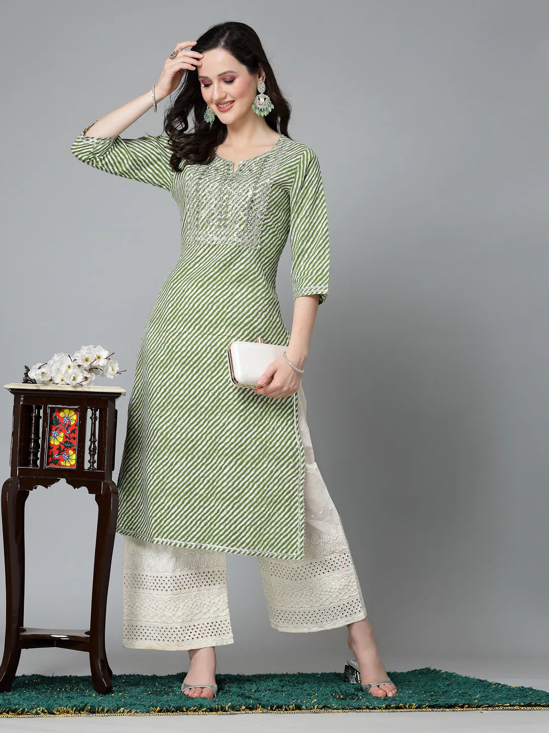 Green Leheriya Print Rayon Indian Kurta for Ladies | TOYOTO