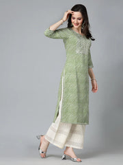 Women's Leheriya Printed & Embroidered Rayon Straight Kurta-TOYOTOGREEN
