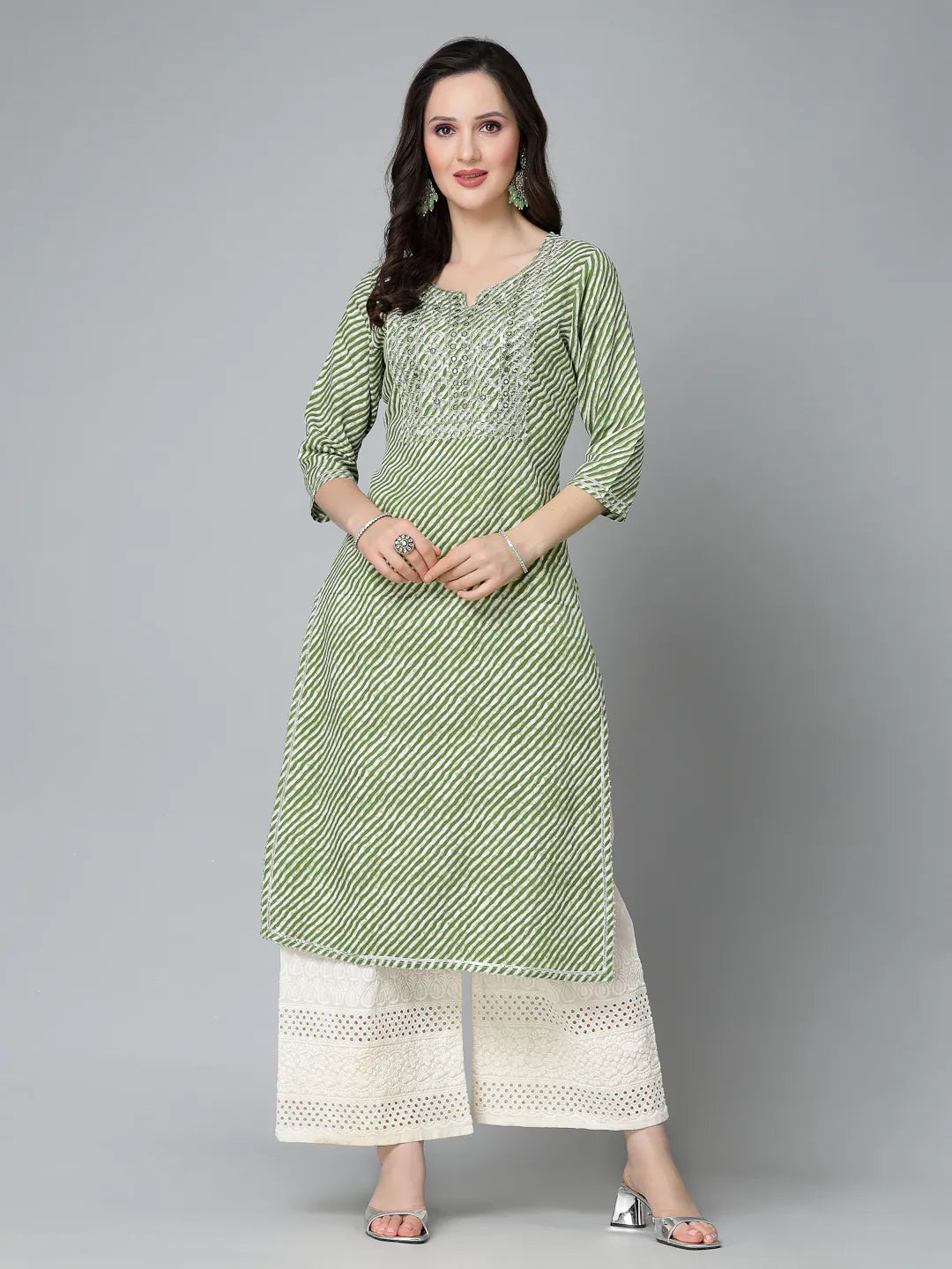 Green Leheriya Print Rayon Indian Kurta for Ladies | TOYOTO