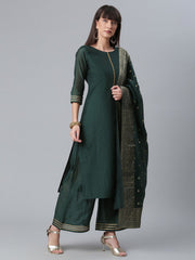 Dark Green Chanderi Solid Kurta With Palazzo And Dupatta Set-AHKUDUPZ-COMBO-375