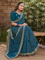 Women's Vichitra  Teal Blue Printed Designer Saree With Blouse Piece-TRANA81952