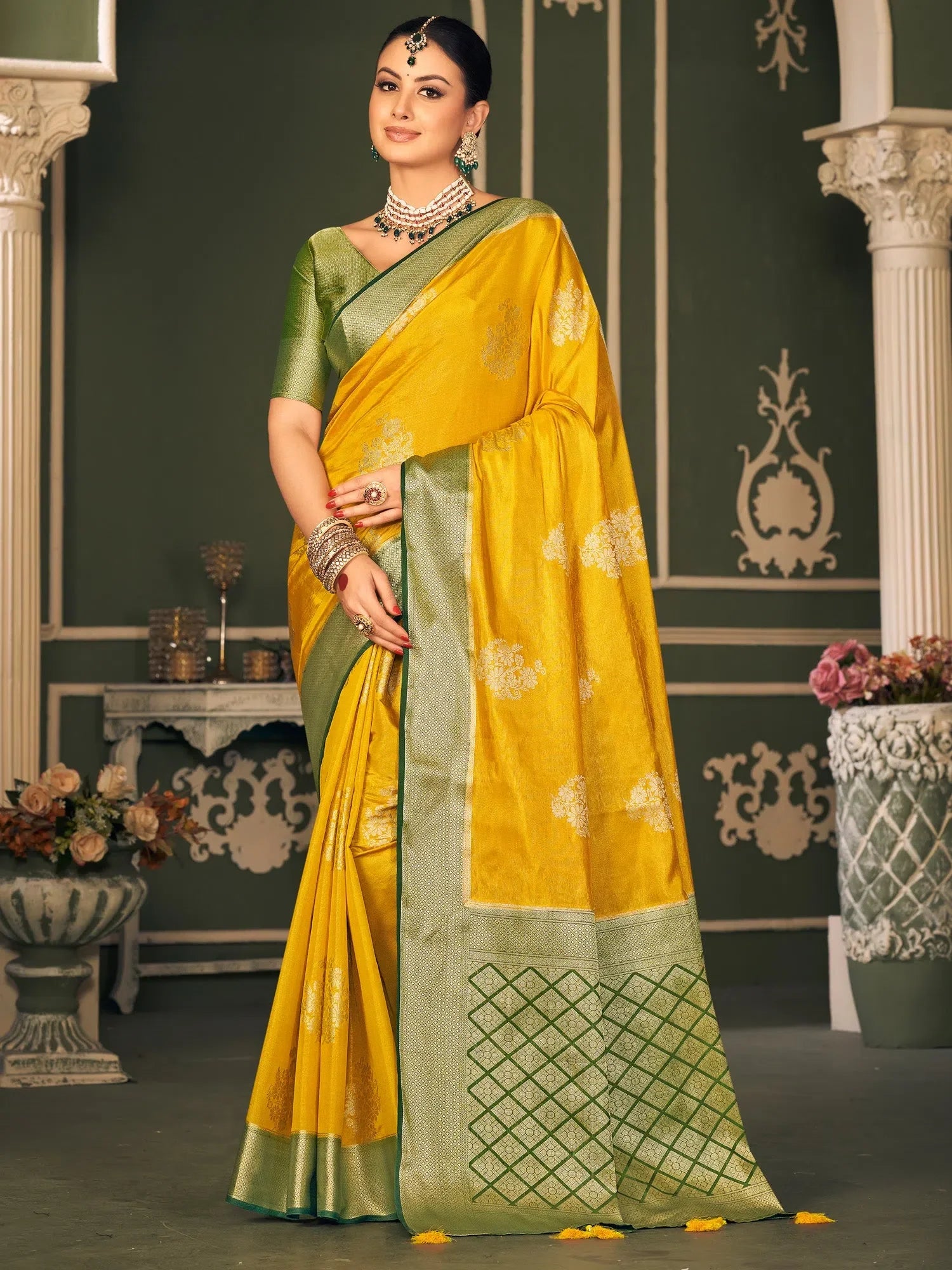 Yellow Polyester Saree with Blouse - Indian Wedding Sarees