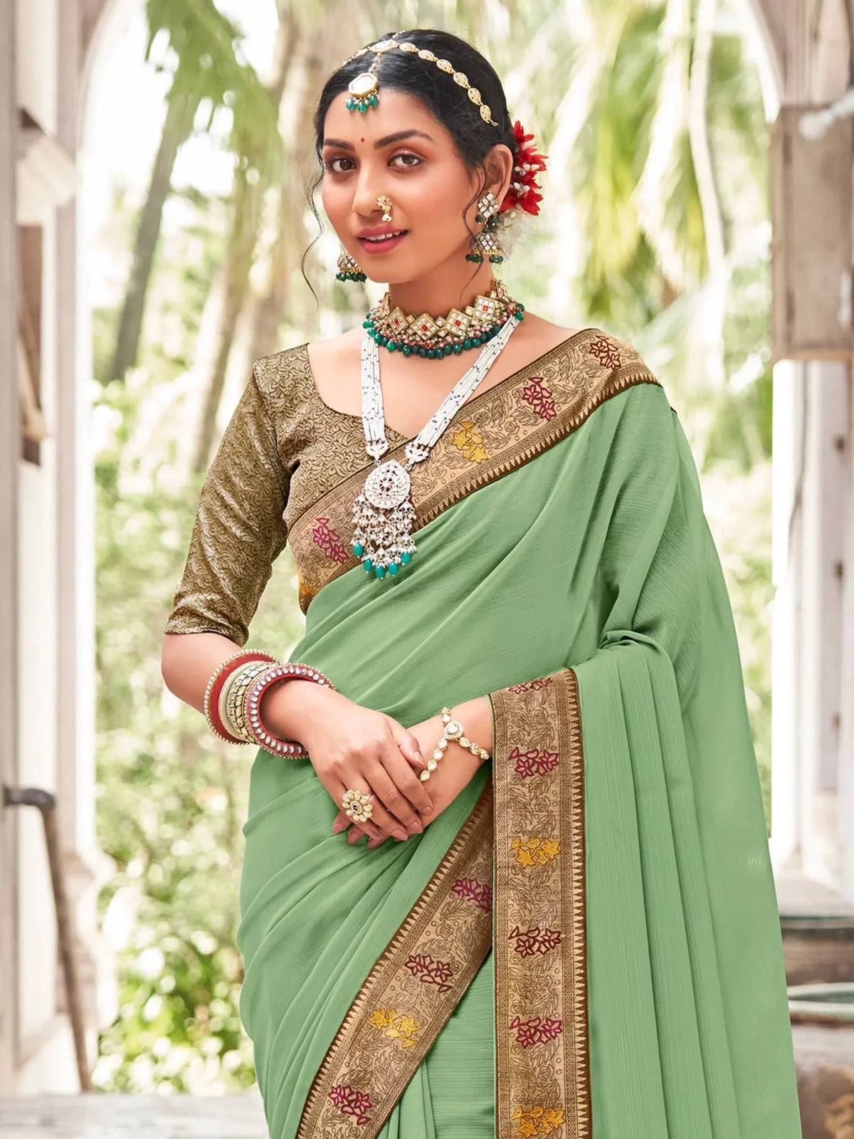 Women's Vichitra Light Green Embellished Designer Saree With Blouse Piece-TRIYA81891