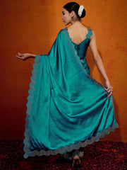 Women's Satin Teal Blue Embellished Designer Saree With Blouse Piece-TRNGMSTI1001