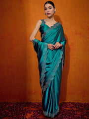 Women's Satin Teal Blue Embellished Designer Saree With Blouse Piece-TRNGMSTI1001