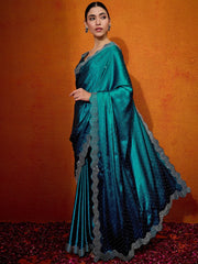 Women's Satin Teal Blue Embellished Designer Saree With Blouse Piece-TRNGMSTI1001
