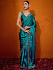 Women's Satin Teal Blue Embellished Designer Saree With Blouse Piece-TRNGMSTI1001