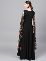 Black Printed Crepe Dress-AHKUCRCFLTDP-791