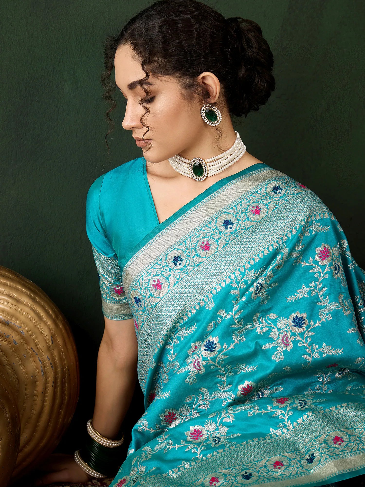 Teal Polyester Saree: Banarasi Style | Indian Sari