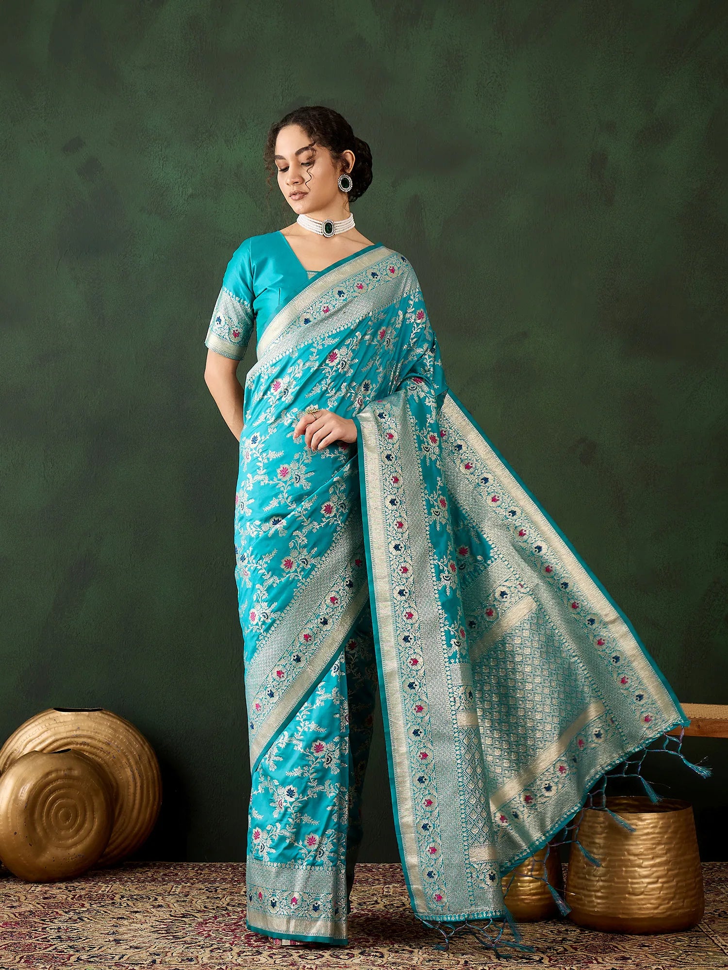 Teal Polyester Saree: Banarasi Style | Indian Sari